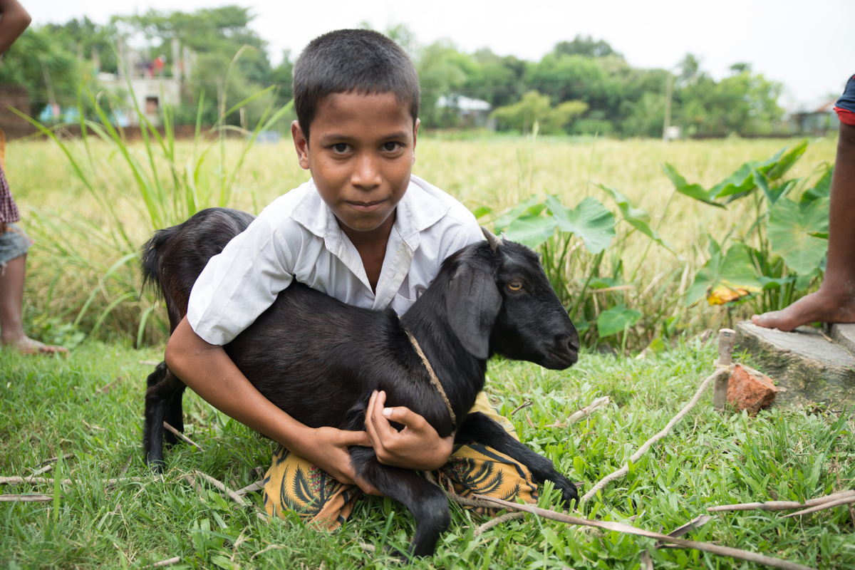 A young boy in a white shirt holds a small black goat in a grassy outdoor field.